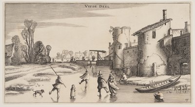 Zimowy krajobraz z łyżwiarzami wzdłuż muru miejskiego, z Landscapes (Playsante Lantschappen) autorstwa Claes Jansz. Visscher II
