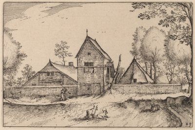 Duża otoczona murem farma autorstwa Claes Jansz Visscher after Johannes van Doetechum, the Elder after Lucas