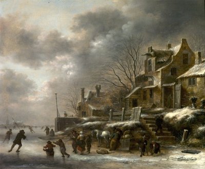 Scena zimowa, rzeka z łyżwiarstwem figurowym, 1671 autorstwa Claes Molenaer