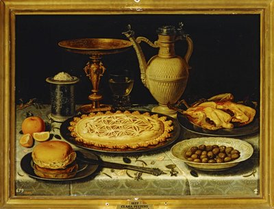 Martwa natura - Posiłek z pieczonym kurczakiem, chlebem i oliwkami ... autorstwa Clara Peeters