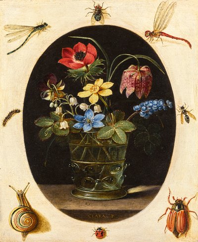 Martwa natura z kwiatami otoczonymi owadami i ślimakiem autorstwa Clara Peeters
