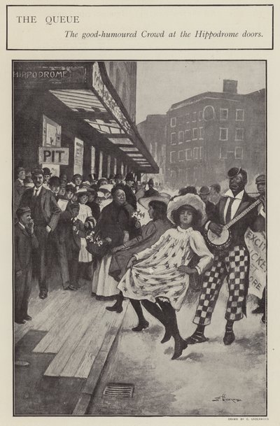 Dobroduszna kolejka przed drzwiami londyńskiego hipodromu (lito) autorstwa Clarence F. Underwood