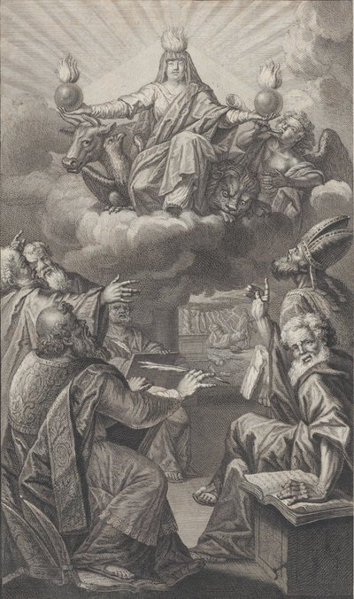 Alegoryczna postać pojawiająca się na chmurach nad głowami, podczas gdy grupa mężczyzn zgromadzona poniżej patrz..., 1728. autorstwa Claude Augustin Duflos
