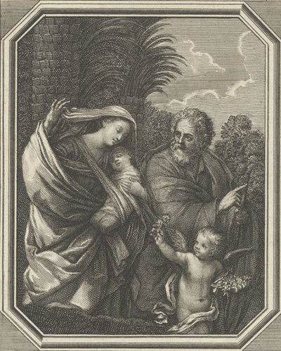 Ucieczka do Egiptu, wędrówka świętej rodziny z młodym Janem Chrzcicielem, tr..., ca. 1720-86. autorstwa Claude Augustin Duflos