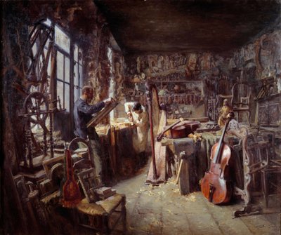 Konserwator w swoim warsztacie pełnym instrumentów. Obraz Claude