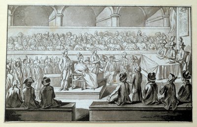 Królowa Francji Maria Antonina przed Trybunałem Rewolucyjnym: dni 14.15,16.10.1793 Prawnikiem, który bronił się w jego sprawie, jest Claude Francois Chauveau-Lagarde (1756-1841). Rysowanie czarnym tuszem Wym. 0,097x0,15m. Paryż, Luwr autorstwa Claude-Francois Chauveau-Lagarde