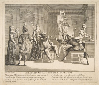 Arlekin niezadowolony ze swojego malarza.n.d. Twórcy: Claude Gillot, Jacques Gabriel Huquier. autorstwa Claude Gillot, Jacques Gabriel Huquier