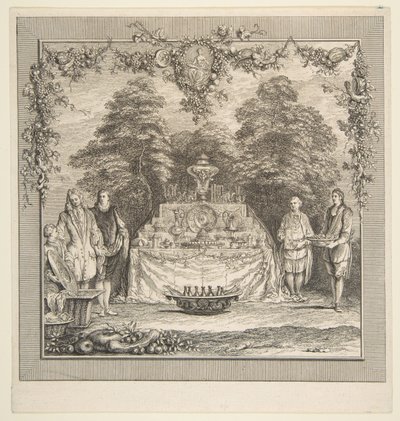 Przekąska przygotowana w ogrodzie. Twórcy: Claude Gillot, Jacques Gabriel Huquier. autorstwa Claude Gillot, Jacques Gabriel Huquier