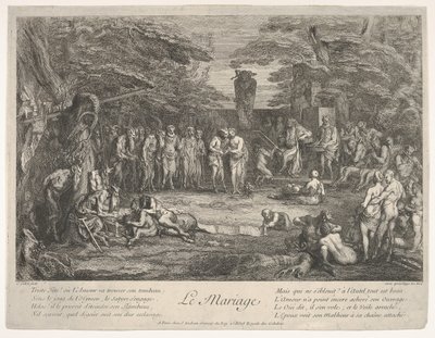Małżeństwo Le Mariage: w lesie stary satyr żeni się z narzeczoną w stuleciu..., ok. godz. 1700-1720. autorstwa Claude Gillot
