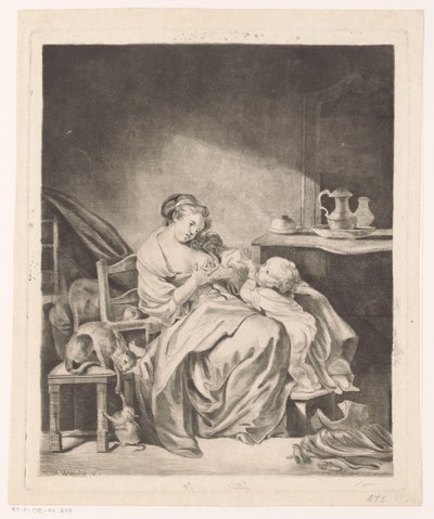 Wnętrze z siedzącą kobietą karmiącą swoje dziecko autorstwa Claude Henri Watelet