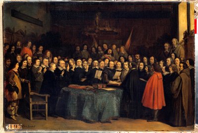 Pokój westfalski, zaprzysiężenie po ratyfikacji pokoju między Hiszpanami a Needlanderami w Ratuszu w Munster 15.05.1648 r. Zakończyli wojnę trzydziestoletnią. Obraz Claudius Jacquand autorstwa Claude Jacquand