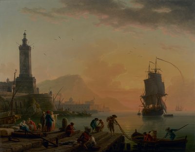 Śródziemnomorski port. Spokojny wiatr, wieczorny spokój. autorstwa Claude Joseph Vernet