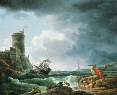 Burza z wrakiem statku przy fortecy, rozbitek na pierwszym planie, 1769 autorstwa Claude Joseph Vernet