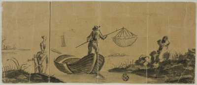 Chinoiserie z mężczyzną łowiącym ryby z łodzi, kobieta i dziecko stojące na brzegu autorstwa Claude Joseph Vernet