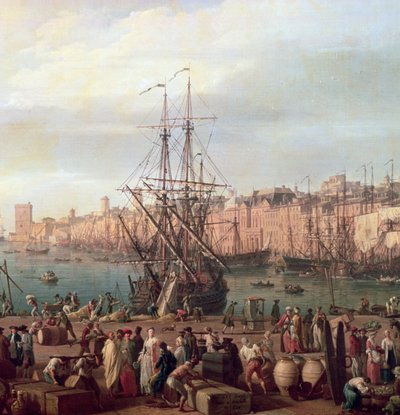 Poranny widok na wewnętrzny port w Marsylii i pawilon Horloge du Parc, 1754 (detal z 156103) autorstwa Claude Joseph Vernet