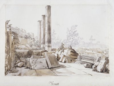 Ruiny świątyni Serapisa w Pozzuoli, 1750 (pióro i atrament oraz umyć czarną kredą na papierze) autorstwa Claude Joseph Vernet
