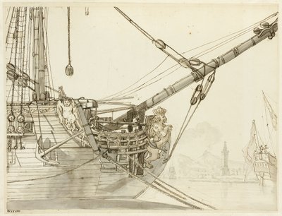 Studium dziobu okrętu wojennego z brytyjskimi okrętami wojennymi i portem w Neapolu w tle autorstwa Claude Joseph Vernet