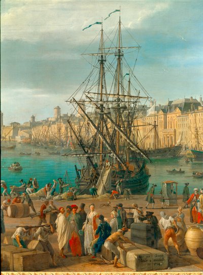 Port w Marsylii w XVIII wieku Szczegół przedstawiający rozładunek towarów. Obraz Josepha Verneta (1714-1789) XVIII-wieczny Paryż. Muzeum Morskie autorstwa Claude Joseph Vernet