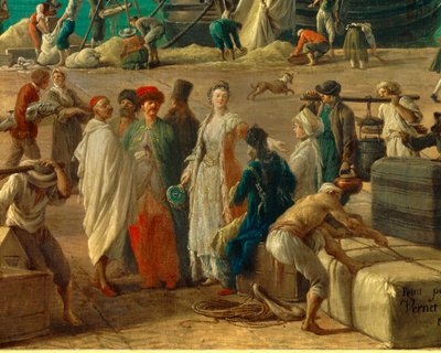 szczegół: Port w Marsylii w XVIII wieku”” Szczegół przedstawiający rozładunek towarów. Obraz Josepha Verneta (1714-1789) XVIII-wieczny Paryż. Muzeum Morskie autorstwa Claude Joseph Vernet
