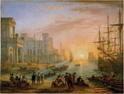 Port morski, zachodzące słońce ... autorstwa Claude Lorrain (1600-82)