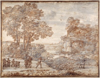 Ascanius strzelający do jelenia Sylwii, ok. 1680 (pióro i atrament z praniem na papierze) autorstwa Claude Lorrain