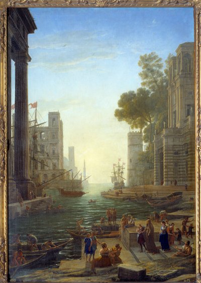 Krajobraz z łodzią św. Pauli Romany w Ostii.Święta Paula opuszcza swoje dzieci w podróż do Ziemi Świętej. Płótno, 211 x 145 cm - Deska od Sainte Paule do Ostii. Św. Paule (347-404 lub 407), wdowa rzymska, uczennica św. Hieronima. Malarstwo autorstwa Cl autorstwa Claude Lorrain