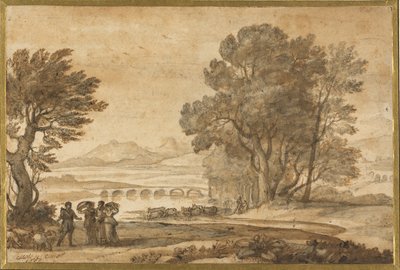 Krajobraz zalesionej rzeki z Jakubem, Labanem i jego córkami autorstwa Claude Lorrain