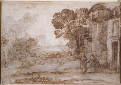 Krajobraz z Abrahamem wypędzającym Hagar i Izmaela, ok. 1665-67 (pióro i atrament oraz umycie kredą na papierze) autorstwa Claude Lorrain