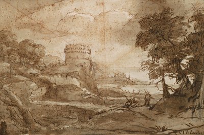 Krajobraz z okrągłą wieżą i zatoką autorstwa Claude Lorrain