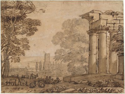 Krajobraz z ruinami, postaciami pasterskimi i drzewami autorstwa Claude Lorrain