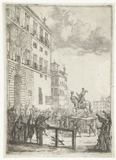 Statua konna cesarza Świętego Cesarstwa Rzymskiego Le Statue equestre du roi des romains Fajerwerki i uroczystości z okazji nowo wybranego cesarza Świętego Cesarstwa Rzymskiego (tytuł serii) autorstwa Claude Lorrain