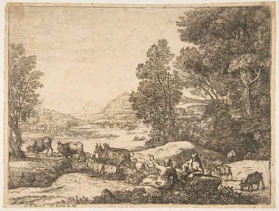 Pasterz i pasterka rozmawiają w krajobrazie, ca. 1651. autorstwa Claude Lorrain