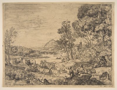 Pasterz i pasterka rozmawiają w krajobrazie, ca. 1651. autorstwa Claude Lorrain