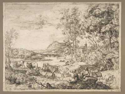 Pasterz i pasterka rozmawiają w krajobrazie, ca. 1651. autorstwa Claude Lorrain
