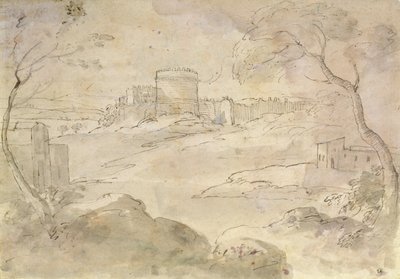 Krajobraz z ufortyfikowanym miastem (tusz i pranie na papierze) autorstwa Claude Lorrain