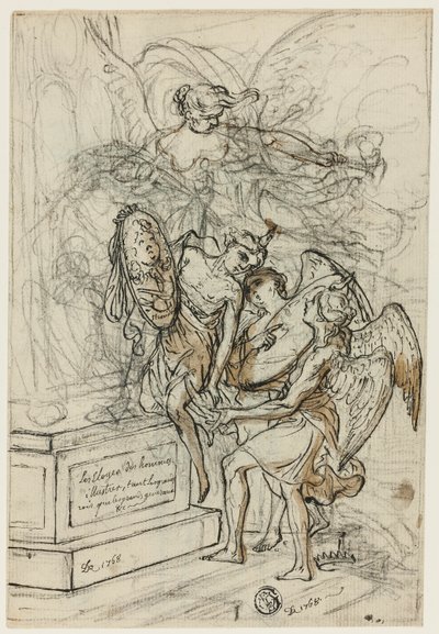 Alegoria na cześć króla Stanisława Leszczyńskiego (recto); Szkic stojącego mężczyzny z wyciągniętymi ramionami (verso) autorstwa Claude Louis Desrais