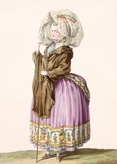 Polonoise, sztychowany przez Voysarda, tablica nr 84 z „Galeries des Modes et Costumes Francais”, ok. 1778-87 99: ubiór; strój tradycyjny; strój tradycyjny; moda; ilustracja; C autorstwa Claude Louis Desrais