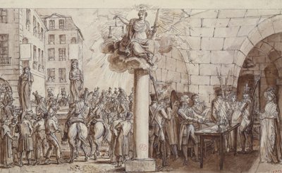 Wdowa Morin i jej córka Angelique Delaporte w Conciergerie i ukarane publicznym kajdanami za zbrodnię wymuszenia z użyciem przemocy podpisów, 1812 (pióro, atrament i pranie na papierze autorstwa Claude Louis Desrais