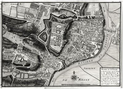 Atlas 131 F fol.8 Mapa Saintes, stolicy Saintonge, z Recueil des Plans de Saintonge, 1716 (pióro i atrament oraz toaleta na papierze) autorstwa Claude Masse