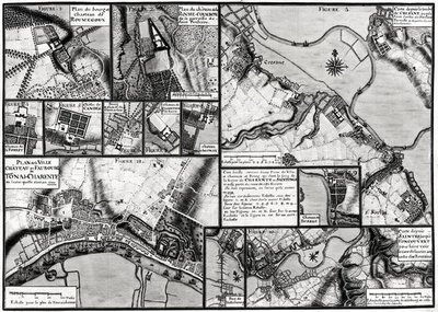 Fol.7 i 98 Mapa miast i zamków położonych wzdłuż rzeki Charente w 1714 r. z Recueil des Plans de Saintonge (pióro i atrament oraz toaleta na papierze) autorstwa Claude Masse