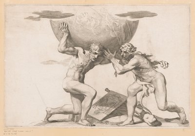 Atlas oddaje sferę niebiańską Herkulesowi autorstwa Claude Mellan (possibly)