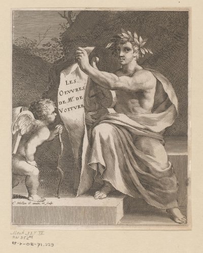 Apollo en een amor Dzieła pana de Voiture (tytuł na obiekcie) Titelpagina voor: Vincent de Voiture, Dzieła Vincenta de Voiture, 1650 autorstwa Claude Mellan
