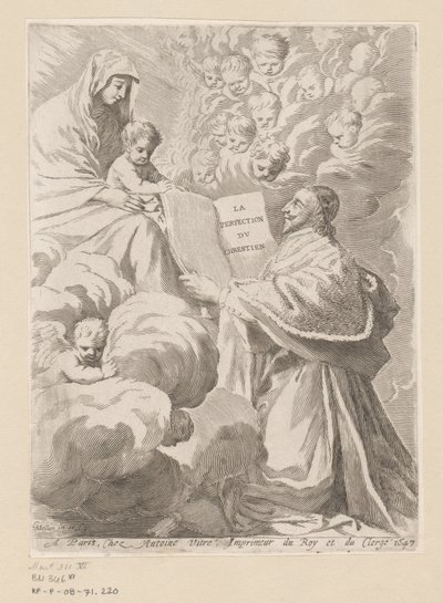 Armand-Jean du Plessis Książę Richelieu przedstawia książkę Maryi z Dzieciątkiem Strona tytułowa dla: Armand-Jean du Plessis książę Richelieu, Traité de la perfection du chrétien autorstwa Claude Mellan