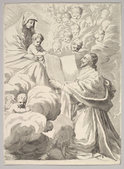 Kardynał Richelieu, klęcząc, przedstawia swoją księgę Dziewicy z Dzieciątkiem, ca. 1646. autorstwa Claude Mellan