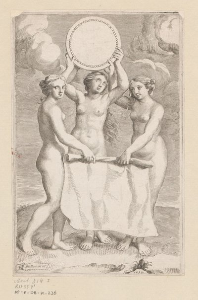 Trzy Gracje z medalionem Strona tytułowa dla: Balthazar de Vias, Charitum libri tres, 1660 autorstwa Claude Mellan