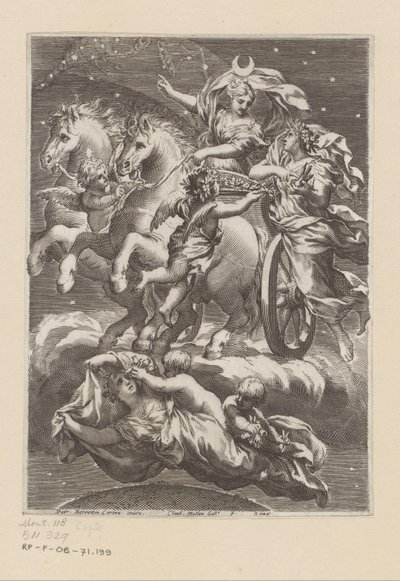 Personifikacja Księżyca na jej rydwanie Strona tytułowa dla: Giovanni Battista Ferrari, De Florum cultura libri IV, 1633 autorstwa Claude Mellan