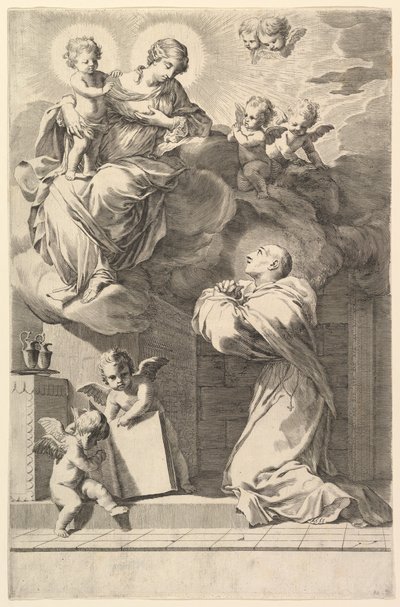 Św. Bernard klęczący przed Dziewicą z Dzieciątkiem, 1640. autorstwa Claude Mellan
