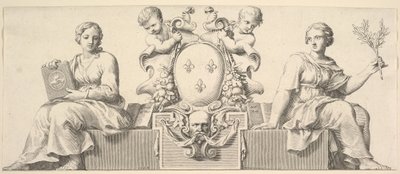 Herb Francji w towarzystwie personifikacji prawa i dobrej wiary, 1664. autorstwa Claude Mellan