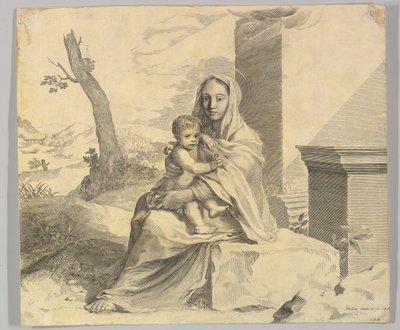 Dziewica z dzieckiem siedzącym na skale Dziewica z dzieckiem w ruinach, 1659. autorstwa Claude Mellan