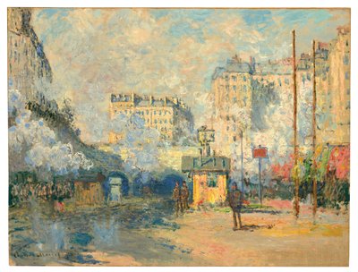 Zewnętrzna część stacji Saint-Lazare, efekt światła słonecznego, 1877 autorstwa Claude Monet